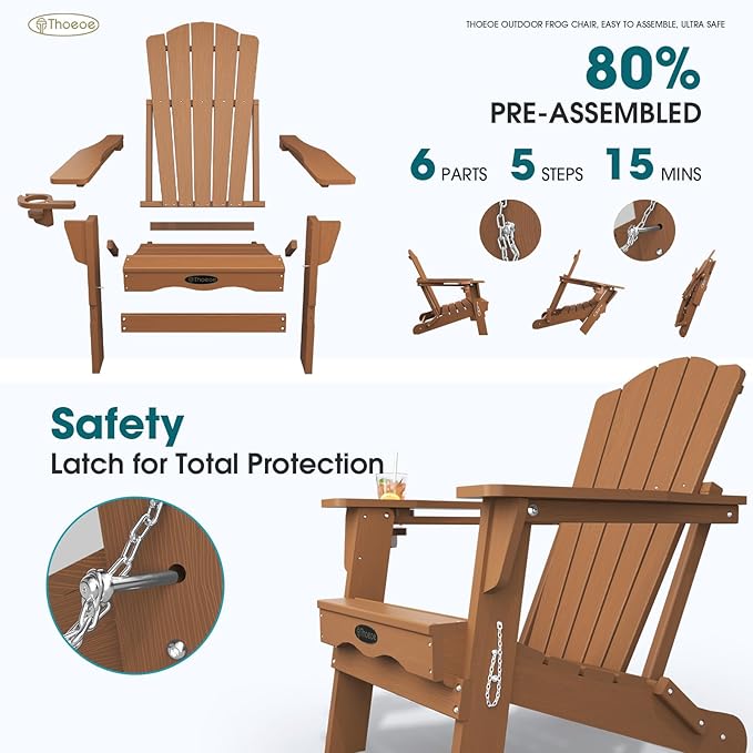 THOEOE Folding Adirondack Chair Set of 4, HDPE All-Weather Outdoor Chair with Cup Holder, Wooden Textured, Fire Pit Chair, Plastic Patio Chair for Deck, Backyard, Garden, Lawn