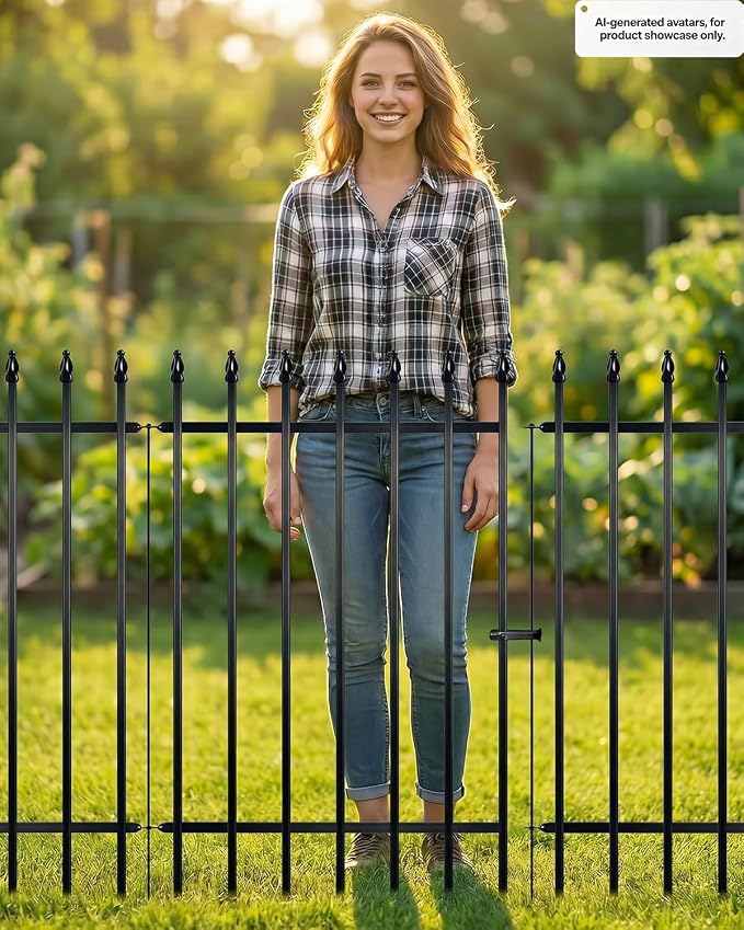 Metal Garden Fence Panels, Decorative No Dig Iron Fence for Flower Beds, Yard Border and Landscaping, Black Outdoor Fence for Plants, Pets and Small Animals, 5 Pack (42" high x 30" Wide)