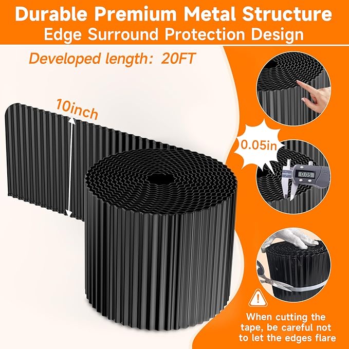 Corrugated Garden Edging,10"×20Ft Galvanized Steel Landscape Edging & Lawn Edging Border,Metal Garden Border for Flower Beds,Garden,Lawn,Raised Beds & Tree Surrounds(Black)