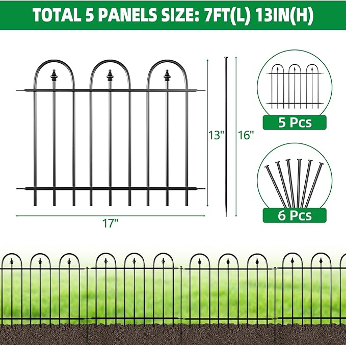 Garden Fence Animal Barrier - 5 Panels, 13 in(H) x 7 ft(L) No Dig Garden Fence, Arched Decorative Garden Fence Border with Ground Stakes, Rustproof Metal Fencing for Yard Patio Dog Rabbit