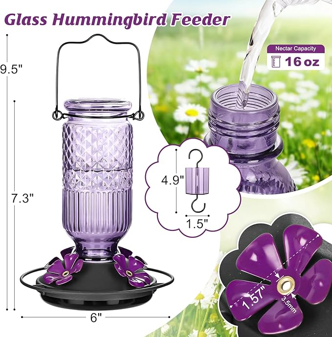 FEED GARDEN Glass Hummingbird Feeder 16 oz Hanging Outdoor Feeder with Bee-Proof Ports, Ant Moat, Leakproof, Easy to Clean & Refill, 360° Perch, Purple