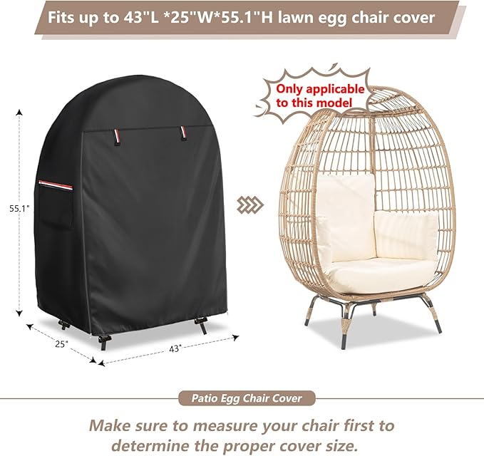 okcool Outdoor Egg Chair Cover,Waterproof Egg Chair Cover with Zipper for Wicker Patio Basket Chair(Black,Fits 43" L *25" W*55.1" H Egg Chair)