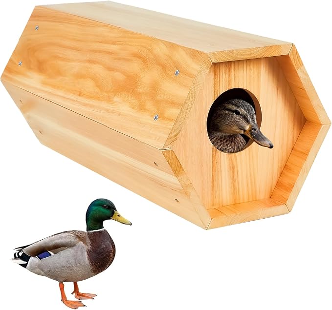 Mallard Nesting Box, Wood Duck House for Outdoor Hexagonal Large Duck House with Dual Entrances for Ponds, Wetlands, Backyards 19.7 X 10.2 X 10.2 Inches