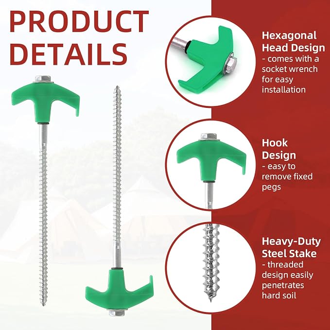 50 Pack 8 Inch Screw in Tent Stakes Heavy Duty Tent Stakes Screw in Ground Camping Stake with Hex Head Driver Metal Pegs Spikes for Camping Garden Yard (Green)