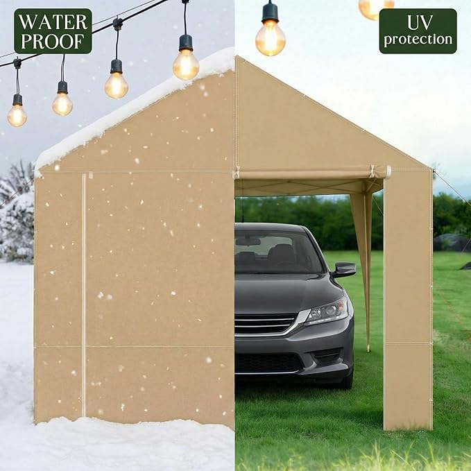 10 x 20 ft Carport Front Panel Tarp Khaki Canopy Shelter Replacement Cover with Opening Door Drill Holes on Both Sides Car Canopy Tent for Truck, Car, Boat