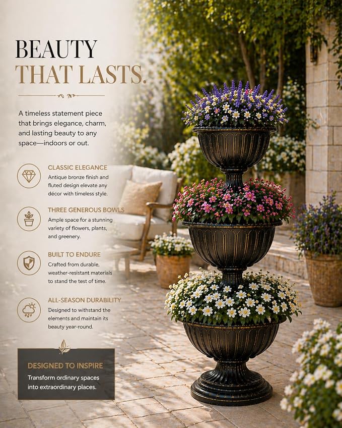 Gardenised Outdoor Garden Triple Stacked Flower Bowl Urn Tier Planter Decoration, Bronze