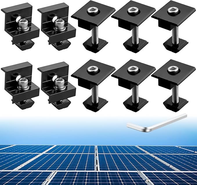 Anbte 10 PCS Solar Panels Brackets 30mm/35mm, Aluminium 6 x T-Shaped Mid Clamps + 4 x End Clamps, Solar Panel Mounting Brackets for Metal, Tin, Flat, Sheet Roofs, RV, Black