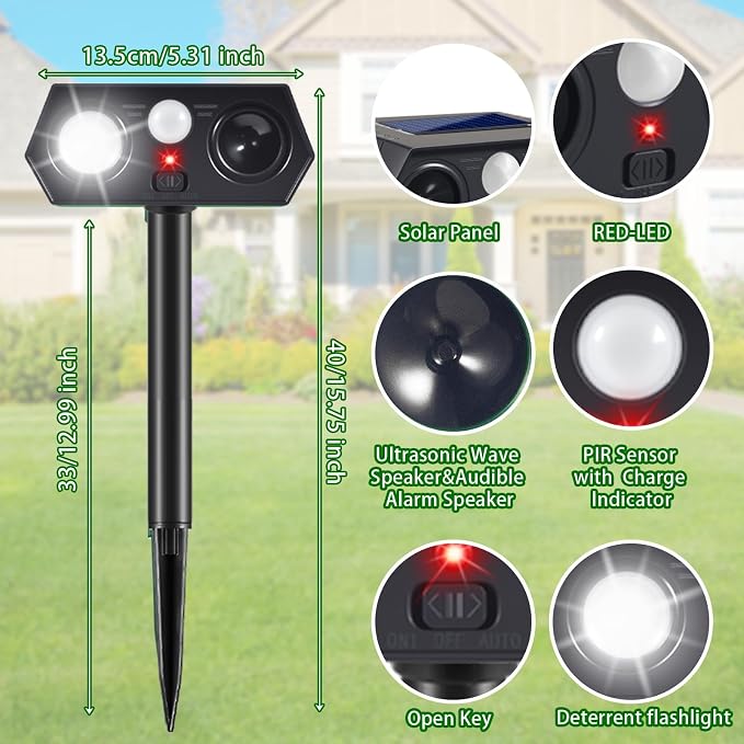 2026 Upgraded Solar Ultrasonic Animal Repellent Deer Deterrent Outdoor Motion Activated with Flash Light Repeller Keep Cat Squirrel Dog Raccoon Skunk Rabbit Away from Yard Garden Lawn 4 Pack