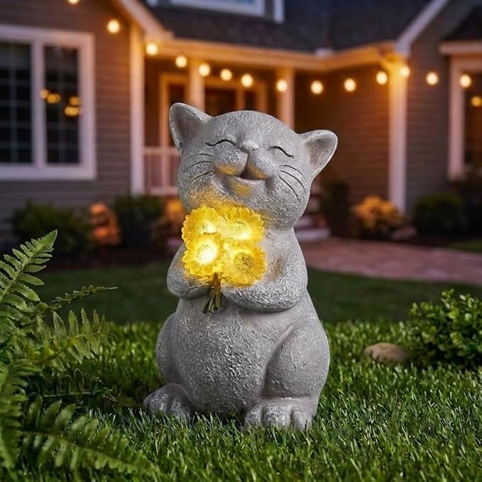 PETAFLOP Solar Cat Garden Statue Decor with Sunflower, Outdoor Figurines Patio Balcony Yard Lawn Decorations, Birthday Housewarming Gifts for Mom Grandma Women Cats Lover