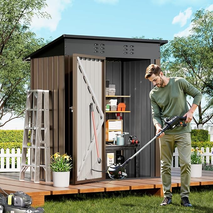 COMHOMA Shed Outdoor Storage Shed Metal,Lockable Doors Tool Sheds with Sloping Roof,Steel Garden Shed with Air Vent for Backyard,Patio,Lawn,Poolside(Brown,5'*3')