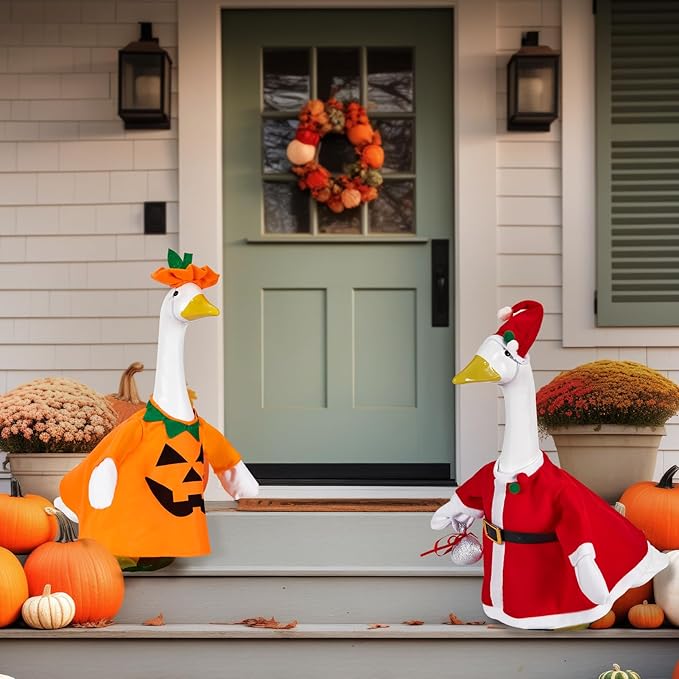 2 Sets Holiday Porch Goose Outfits for Thanksgiving and Christmas,23" Porch Goose Clothes for Patio Yard Lawn Decor