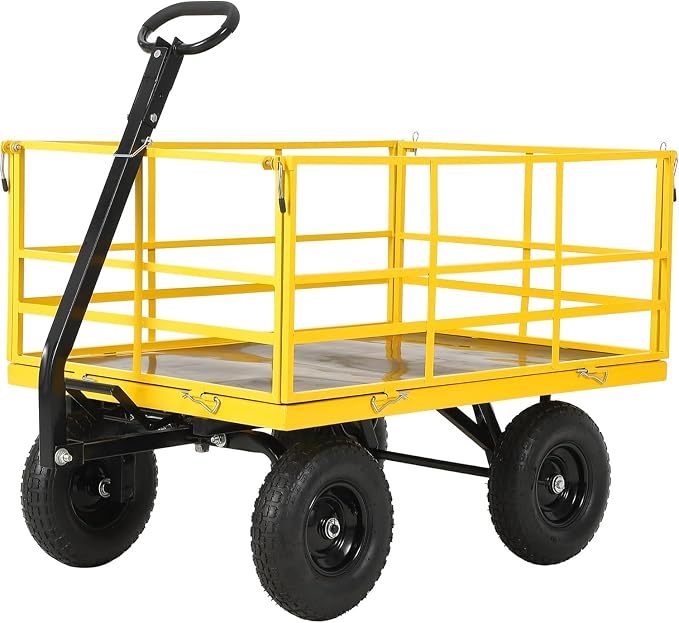 Heavy Duty 1500 Lbs Capacity Mesh Steel Garden Cart Folding Utility Wagon with Removable Sides, Garden Cart on Wheels for Gardening Soil, Tools, and Plant Transport