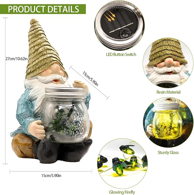 Solar Firefly Jar Gnome Resin LED Garden Statue | Waterproof hand-painted resin; flickering firefly LED lights; holiday gift for women mom grandma