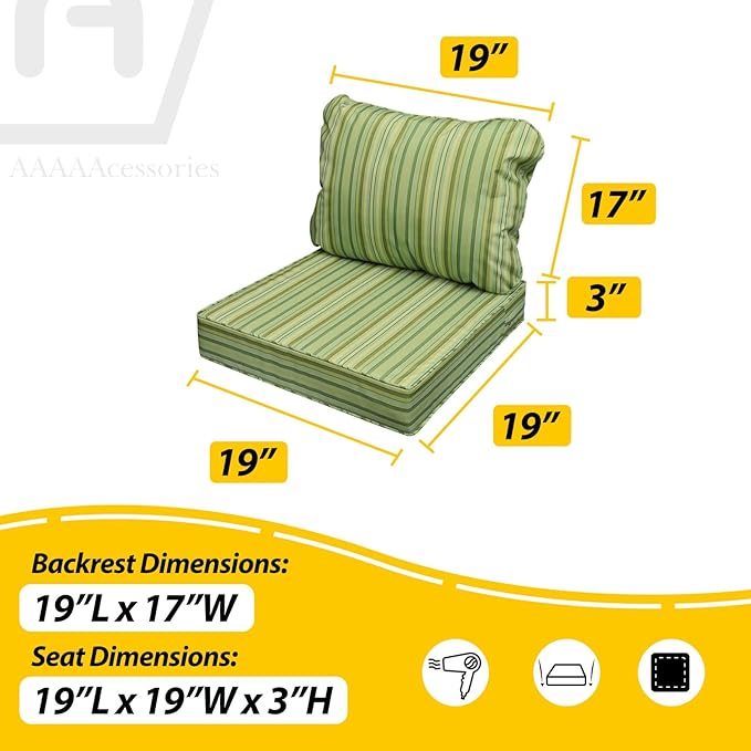 AAAAAcessories Outdoor Seat Cushions for Chairs, Fade-Resistant, Waterproof Patio Furniture Replacement Cushions, 19" x 19" x 3" + 19" x 17", Mossy Forest Stripe