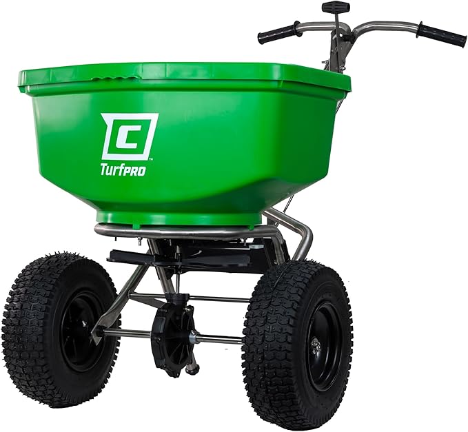 Chapin 89400C Spreader, Lawn and Garden, 100Lbs, Contractor, TurfPro, Stainless Steel, Pull Behind,12" Tires, Weather-Proof, Poly Hopper, Side- Adjust Lever, Spreads Fertilizer and Seeds,