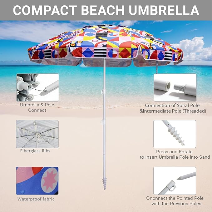 LOTTAFUN 6ft Beach Umbrella - Heavy Duty Wind Resistant UV 50+ Portable Sun Shade with Sand Anchor & Carry Bag, Outdoor Folding Umbrella for Beach, Pool, Patio, Garden (Blue strip)