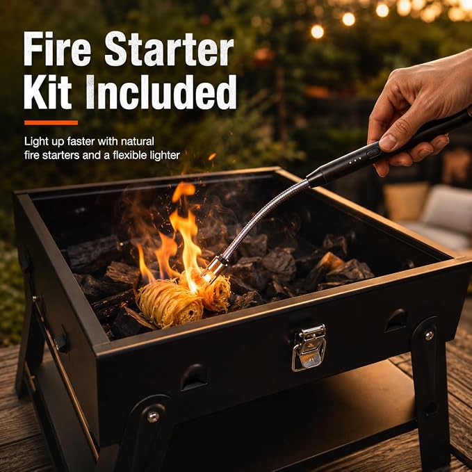 Portable BBQ Charcoal Camping Grill: Tabletop Folding Barbecue Grills with Fire Starter Kit and BBQ Grilling Tool Set, Fathers Day Birthday Grilling Gift for Men Dad Husband
