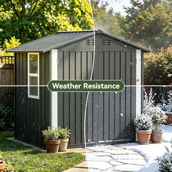 COMHOMA Outdoor Storage Shed with Window,Metal Lockable Garden Toolhouse, Ventilated Weather-Resistant Backyard Utility Workshop for Storage(Light Grey,6x4ft)