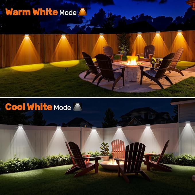NIORSUN Solar Fence Lights,6 Pack Deck Light,Led Outdoor Lights Warm White + RGB Wall Lights Waterproof,Solar Powered Light for Backyard/Pool/Railing/Patio/Porch/Step(White)