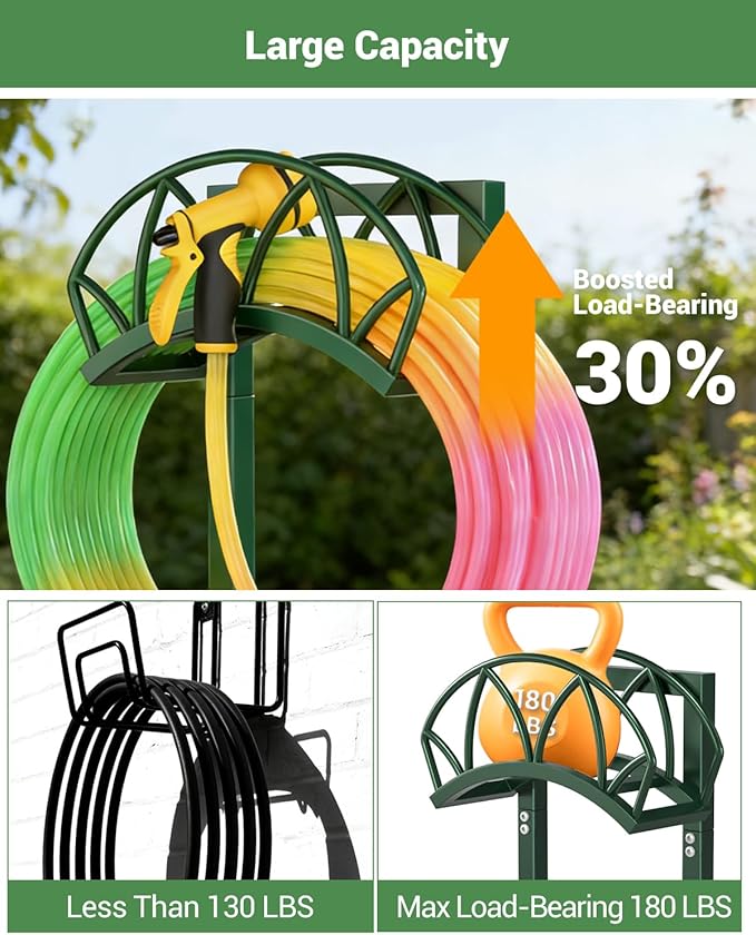 HZE Garden Hose Holder, Freestanding Water Hose Holder Stand for Outside, Heavy Duty Detachable Metal Garden Tube Storage Hanger Rack Holds 160 FT for Yard Lawn Farm, Green