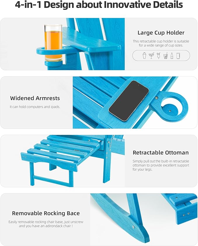 Folding Adirondack Rocking Chair,4-in-1 Multifunctional Patio Chair with Retractable Ottoman, Outdoor Chair Wood Texture, Lawn Chair for Porch, Backyard, Pool(Pacific Blue)