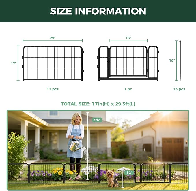 FXW Garden Fence Outdoor for the Yard – 17in(H) x 29.3ft(L) Heavy Duty Metal Animal Barrier for Dog, No Dig Decorative Dog Fence, 12 Panels, Black