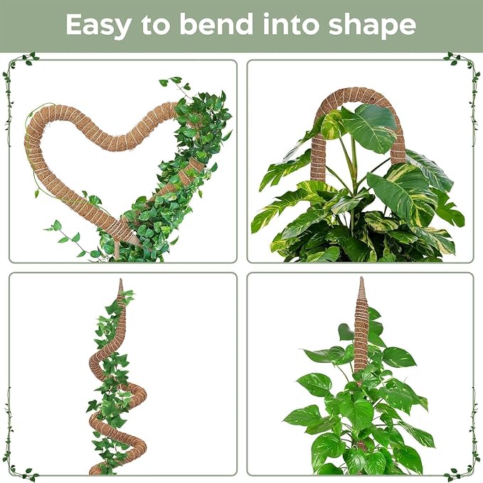 3 Pack 48'' Bendable Moss Pole with Rust-Free Aluminum Core, Sturdy Plant Support Stakes & Jute Rope, Tall Indoor Trellis Sticks for Climbing Houseplants Monstera