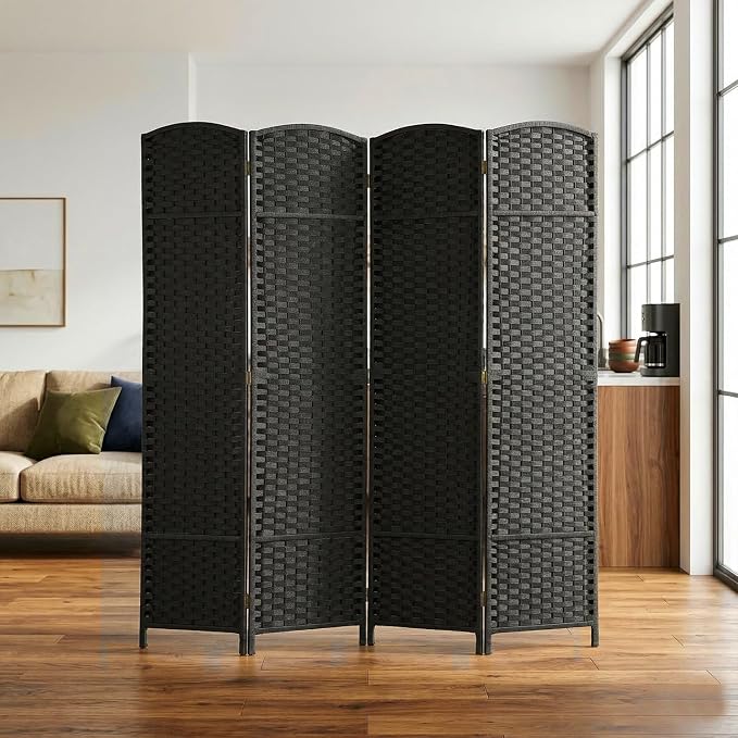 FDW Room Divider 4 Panel Screen 5.6 Ft Tall Partition Privacy Screens Folding Room Separation Free Standing Waterproof Wood Frame Wall Divider, Coal Black