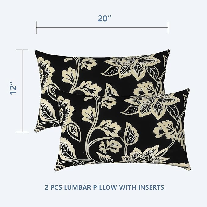 LVTLVTXIII 12×20 Inch Outdoor Lumbar Pillows, Pack of 2 Water Repellent Lumbar Pillow with Inserts, Fluffy Decorative Garden Lumbar Cushions for Home Patio Coach Sofa Use, Elegant Vines Black
