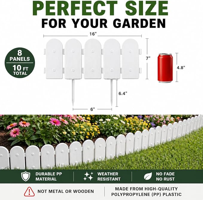 Evelyne Garden Border Edging: Wooden Fence Design - 8pcs White Yard Landscaping Fence Liner Lawn Edge Barrier - 10ft Kit of Decorative Lawn Landscape Panels Elements -Landscaping Edging-GMT-10374-D08