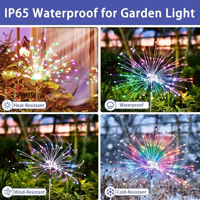 Solar Firework Lights for Outside,150 LED RGB Color Changing Firework LED Solar Fairy Light Twinkling Tree Outdoor for Garden Yard Landscape Wedding Christmas Party Decor Multicolor (2 Pack)