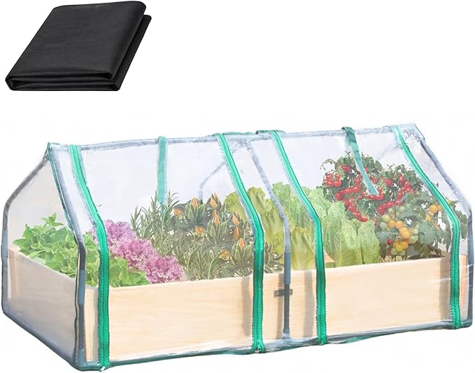 4x2ft Raised Garden Bed with Greenhouse Cover,Wooden Planter Box with Clear PVC Cover & Dual Roll-Up Windows,Outdoor Elevated Garden Box for Vegetables/Herbs/Flowers,Patio,Balcony,Backyard