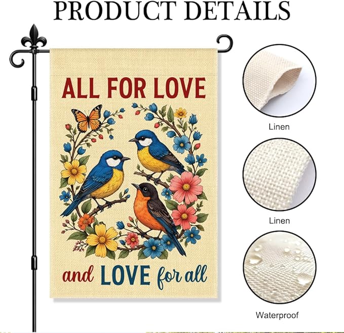 All For Love And Love For All Garden Flag Double-Sided Yard Outdoor Decoration 12x18 Inch, Bird Flower Autumn Garden Flag, Inclusion Kindness Equality Pride Month Decoration Banner