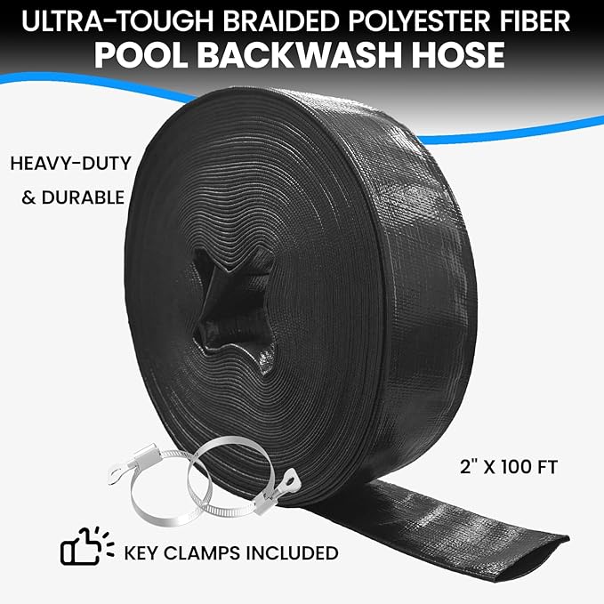 Poolvio Backwash Hose 2" x 100 ft, Heavy-Duty Lay-Flat Reinforced PVC Discharge Hose with 2 Stainless Steel Thumb Screw Clamps, Leak-Resistant for Inground & Above-Ground Pool Filters