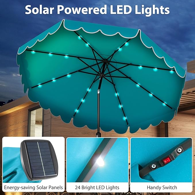 Tangkula 10FT Solar LED Patio Umbrella, 2-Tiers Scalloped Outdoor Table Market Umbrella with 24 LED Lights, Vented Top, Tilt Adjustment, Crank, 8 Ribs for Backyard Poolside Deck Beach Lawn (Turquoise)