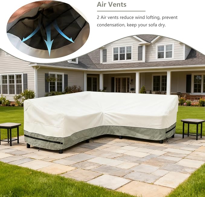 okcool Outdoor Sectional Cover,V Shaped Patio Furniture Covers for 5-Seater Outdoor Sectional Furniture Couch 85"(85''L) x 33.5''D x 31''H,White&Grayish Green