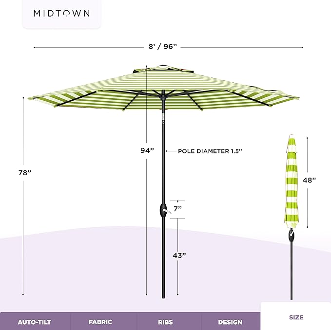 Midtown Umbrellas The Lean 8 Feet Outdoor Umbrella With Terylast Pear Stripes (Green/White Stripes) Polyester Fabric - Auto-Tilt Aluminum Frame Patio Umbrella For Deck, Garden, Pool - Black Pole