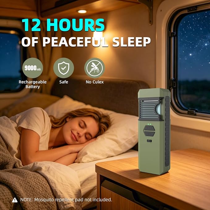 9000mAh Rechargeable Mosquito Repellent Device,Portable Outdoor Mosquito Repeller with 360° Coverage for 96 Sq.Ft,Dual-Zone Heating & LED Light for Patio,Camping,Fishing (Pad Not Included)