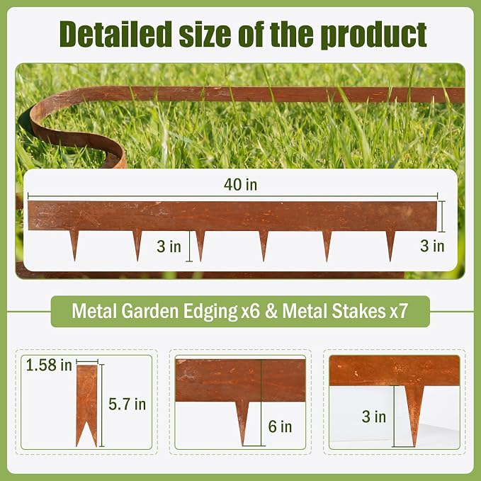20ft. Metal Edging for Landscaping 6 Pack 6 inch, Cor-Ten Steel Edging for Lawn Yard and Fence, Bendable Hammer-in Steel Landscape Lawn Edging with 7 Stakes and Gloves (40" x 6" inches Each, Rusted)
