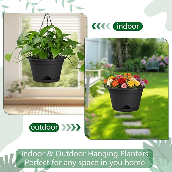 Nooulap 4 Pack Hanging Planters, 10 Inch Hanging Plant Pot with Hanger Chain & Drainage Trays, Hanging Baskets for Plants Outdoor Indoor, Flowers Pots for Home, Garden, Porch Decor (Black)