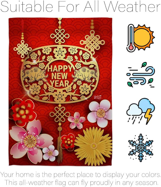 Chinese Ox Year Garden Flag Winter Lunar New Good Luck Prosperous Seasonal Arrival Blessing House Decoration Banner Small Yard Gift Double-Sided, 13"x 18.5", Thick Fabric