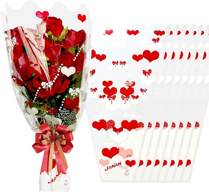 SELANTAG 100 Pack Red Heart Clear Flower Bags for Bouquets,Valentine's Day Heart Flower Bouquet Bags, Floral Wrapping bag, Sleeves Perfect for Mother's Day, Wedding (10.6in x 17in x 3.9in)