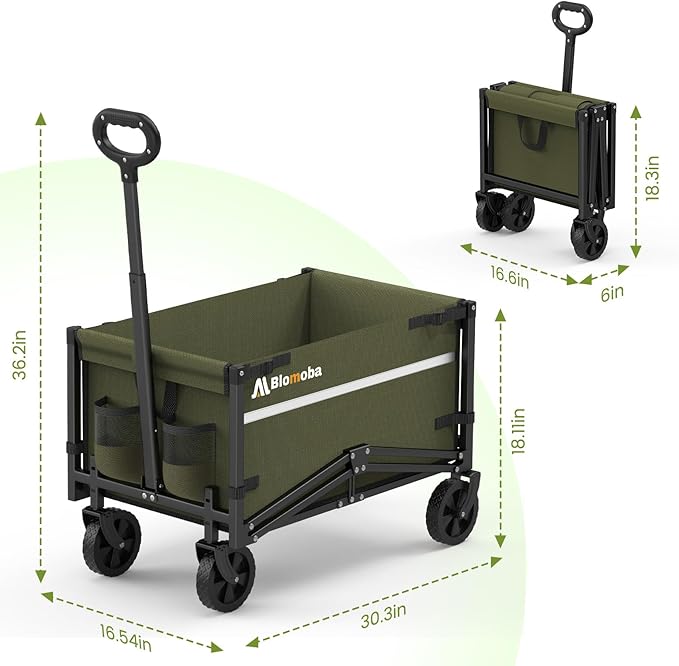 Blomoba Collapsible Wagon Cart, 220LBS Heavy Duty Collapsible Wagon with All-Terrain Wheels 360° Rotation, Flexible Handle, Portable Utility Cart for Grocery Sports Garden Shopping Camping Beach,Green