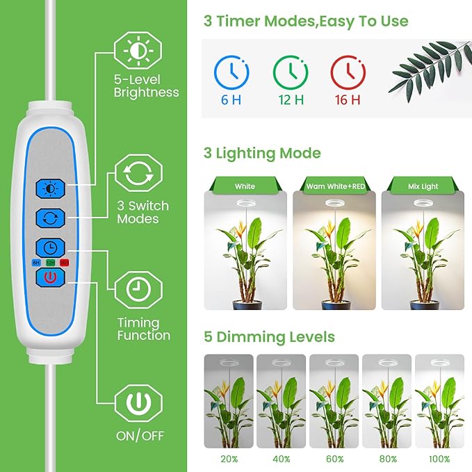 Aokrean Grow Light, 80 LEDs Full Spectrum Plant Light for Indoor Plants, Height Adjustable 10"-65" Growing Lamp with Auto Timer for 6/12/16Hrs,3 Optional Spectrums,5 Brightness, 1 Pack