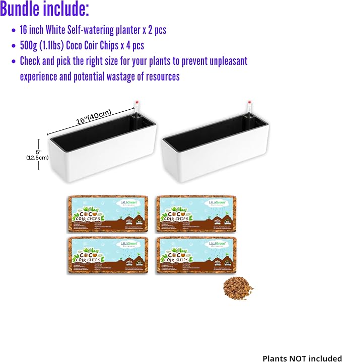 LaLaGreen Bundle - 2 Pack, 16 Inch White Self Watering Planter Box for Indoor Plant + 4 Pack, 500g Coconut Coir Chips for Plants Herb Garden Seedling Outdoor Planting Soil Vegetable Flower Orchids