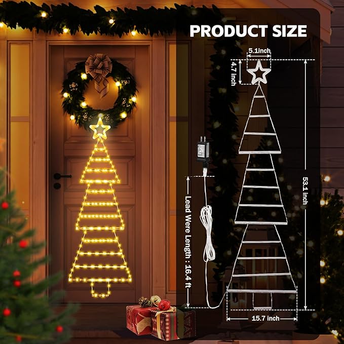 LED Christmas Lights Outdoor,4.6ft 189 LED Christmas Tree Ladder Light with Star Topper 8 Modes Christmas Decorations Lights for Indoor Outdoor, Window, Garden, Home, Wall, Xmas Tree Decor-Warm White