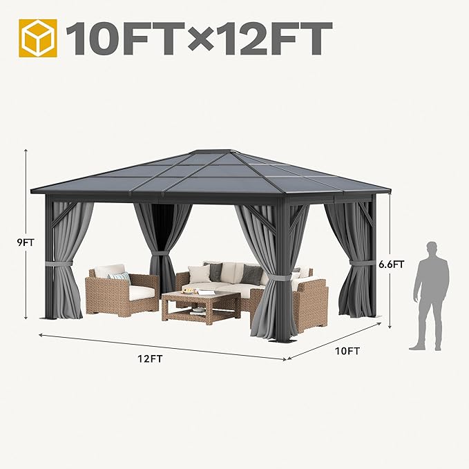DWVO 10x12ft Gazebo Hardtop Double Roof Polycarbonate Canopy Outdoor with Netting and Shaded Curtains, Metal Frame Garden Tent for Patio, Backyard, Deck and Lawns, Gray