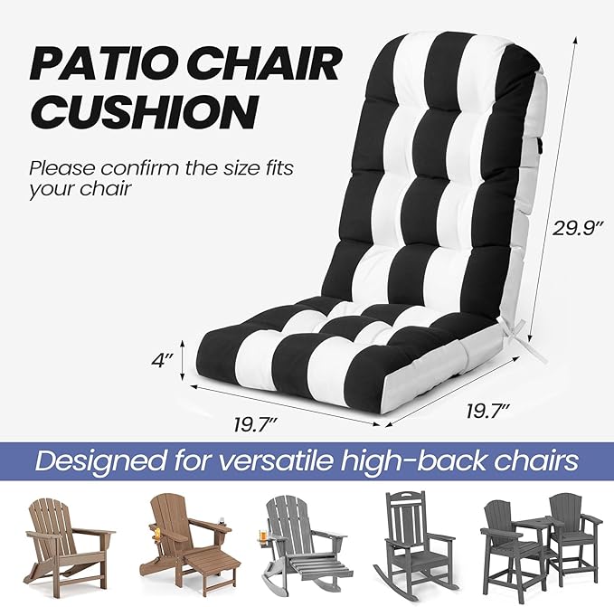 Crestlive 50x20x4 Inch Adirondack Chair Cushion Outdoor Rocking Chair Cushions Water Resistant High Back Patio Chair Cushions Set of 2 Thick Patio Replacement Cushion Black Stripe