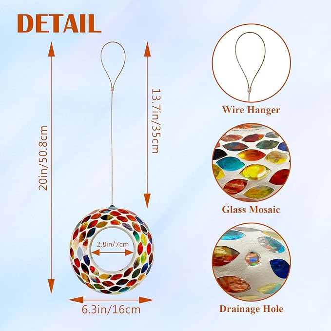 Glass Bird Feeders for Outdoor Hanging, Mosaic Fly Through Wild Bird Feeder Round Shape Birdfeeder for Outside Garden Yard Patio Decoration Red