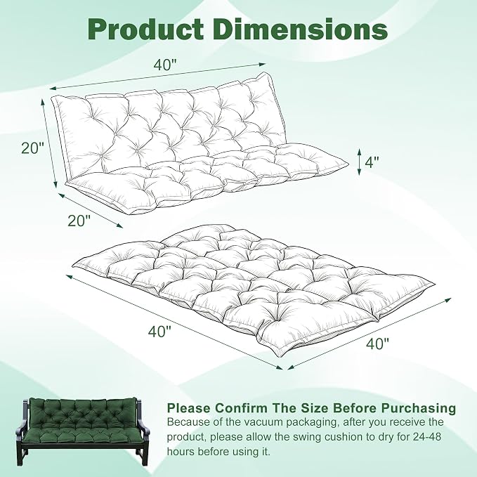 Porch Swing Cushions, 40x40 Inch Swing Cushions for Outdoor Furniture, Waterproof 2 Seater Patio Seat Cushion with Backrest, Replacement Bench Cushion for Glider, Settee, Forest Green